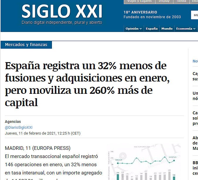 Espaa registra un 32% menos de fusiones y adquisiciones en enero, pero moviliza un 260% ms de capital